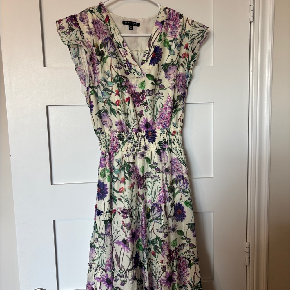 Floral V-Neck Maxi Dress in Cream with Purple & Green Floral Print